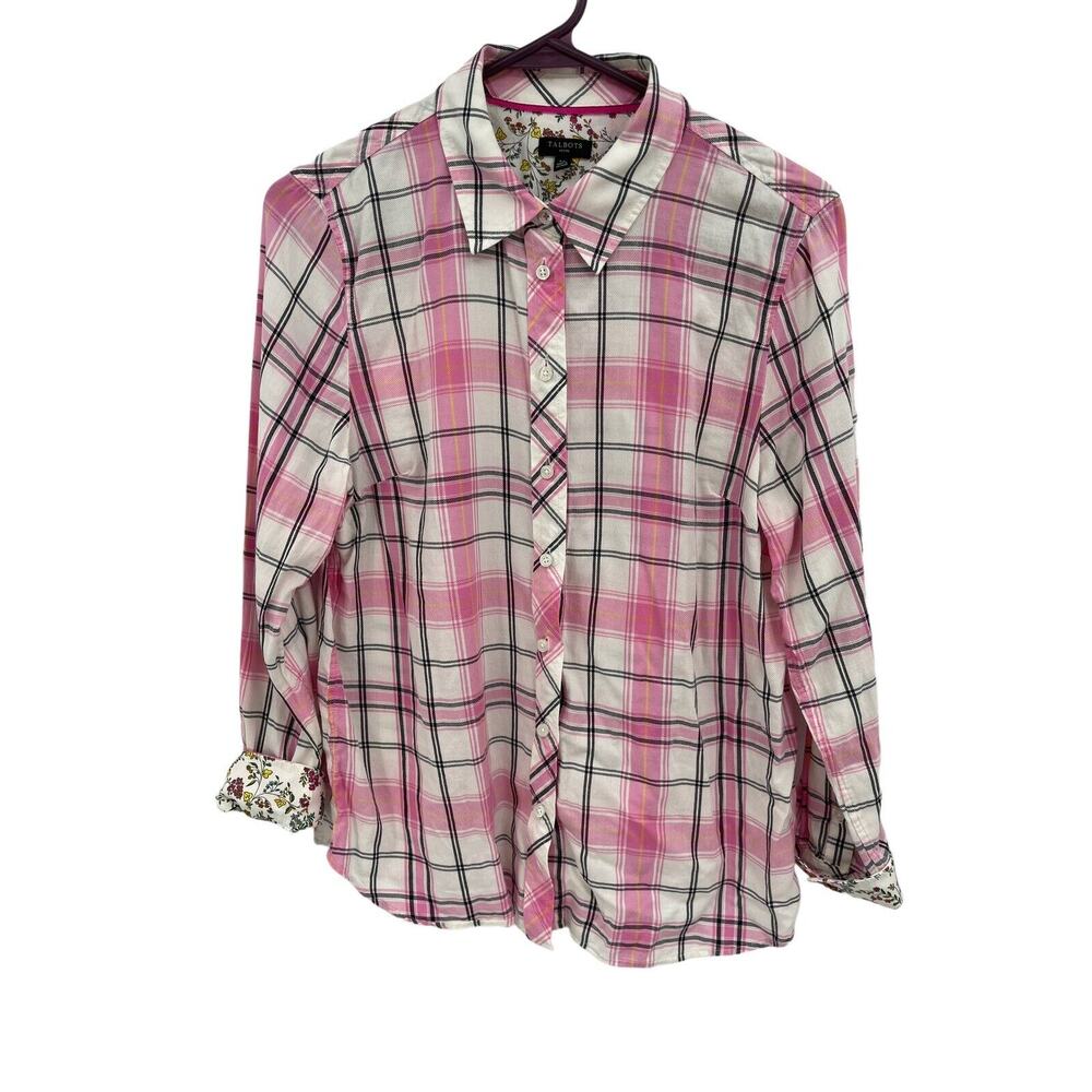 Talbots Button Front Shirt Pink White Plaid Floral Cuffs Size Large Petite